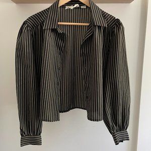 Vintage Crop Black/Tan Stripe Puff Shoulder Button Up Shirt Blouse